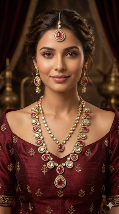 Antique Moissanite Ruby Long kundan necklace Indian Jewellery Henry Wedding Sets