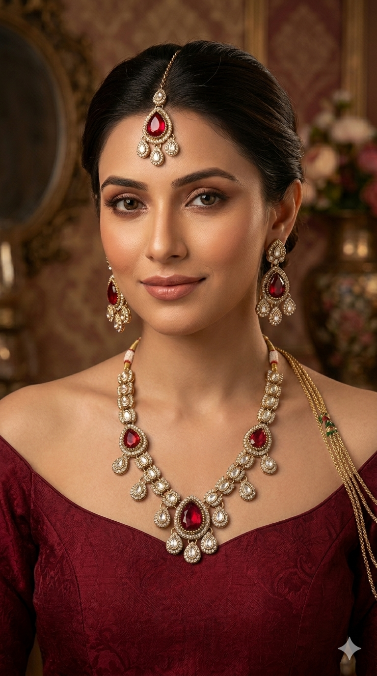 Antique Moissanite Maroon kundan necklace Indian Jewellery Lena Wedding Sets