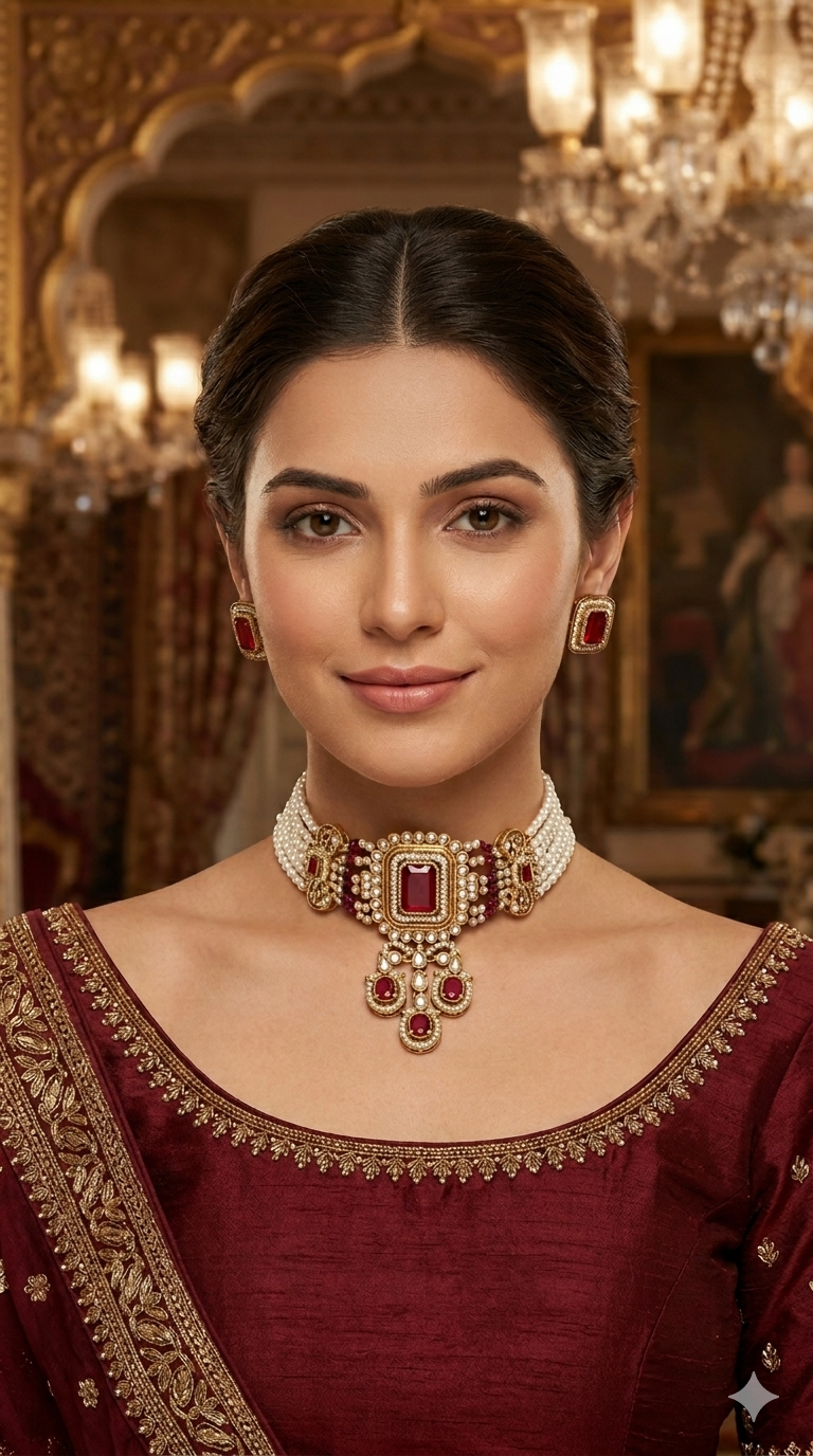 Antique Maroon Moissanite kundan choker Indian Jewellery Sarah Wedding Set