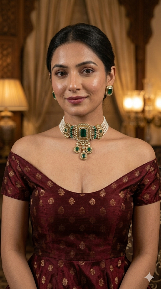 Antique Green Moissanite kundan choker Indian Jewellery Sarah Wedding Set