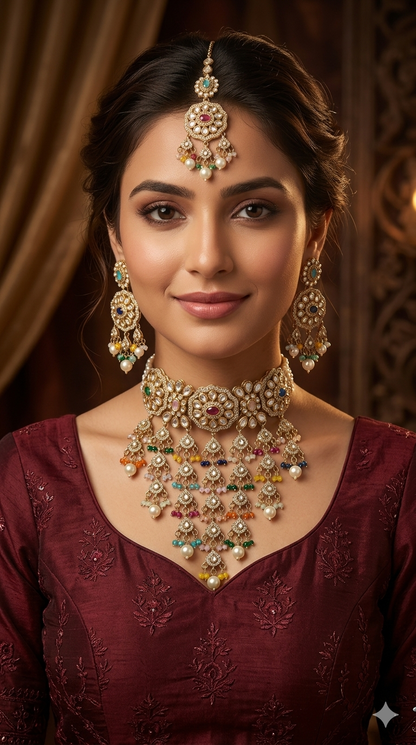Antique Multicolor waterfall Moissanite kundan choker Indian Jewellery Sarah Wedding Set