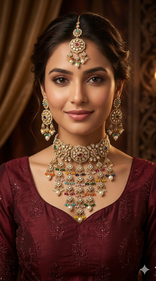 Antique Multicolor waterfall Moissanite kundan choker Indian Jewellery Sarah Wedding Set