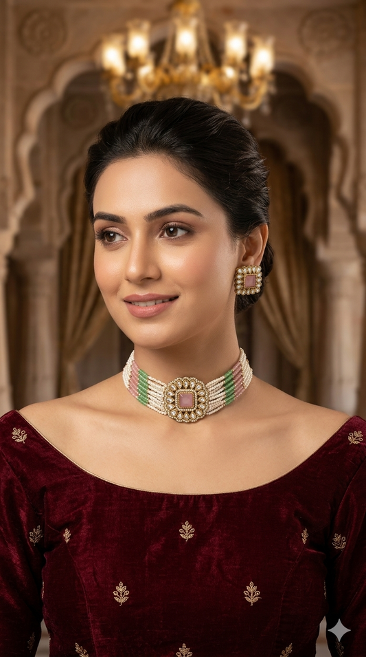 Antique Mint Pink Moissanite kundan choker Indian Jewellery Abby Wedding Set