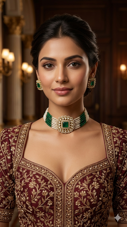 Antique Green Moissanite kundan choker Indian Jewellery Abby Wedding Set