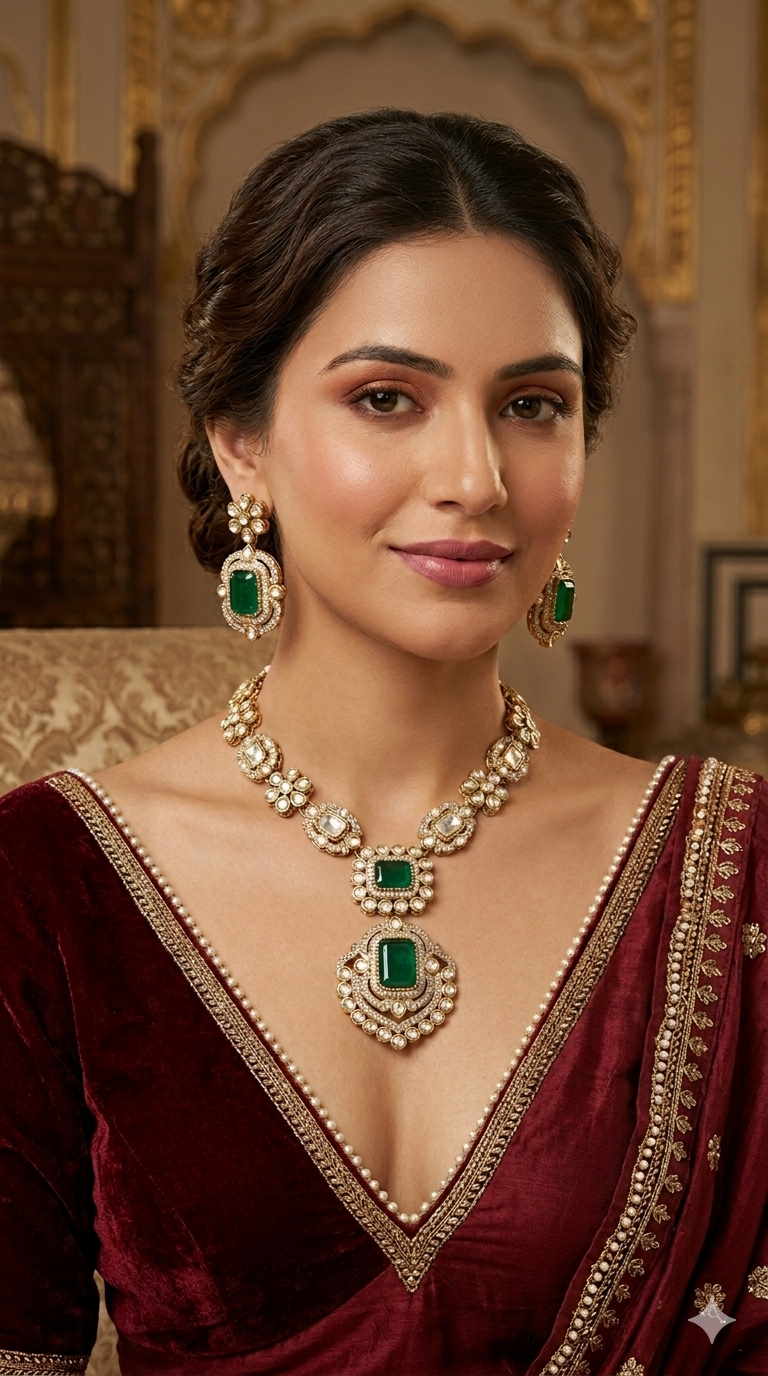 Antique Green Moissanite kundan necklace Indian Jewellery Hemu Wedding Sets