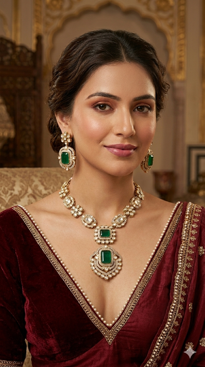Antique Green Moissanite kundan necklace Indian Jewellery Hemu Wedding Sets