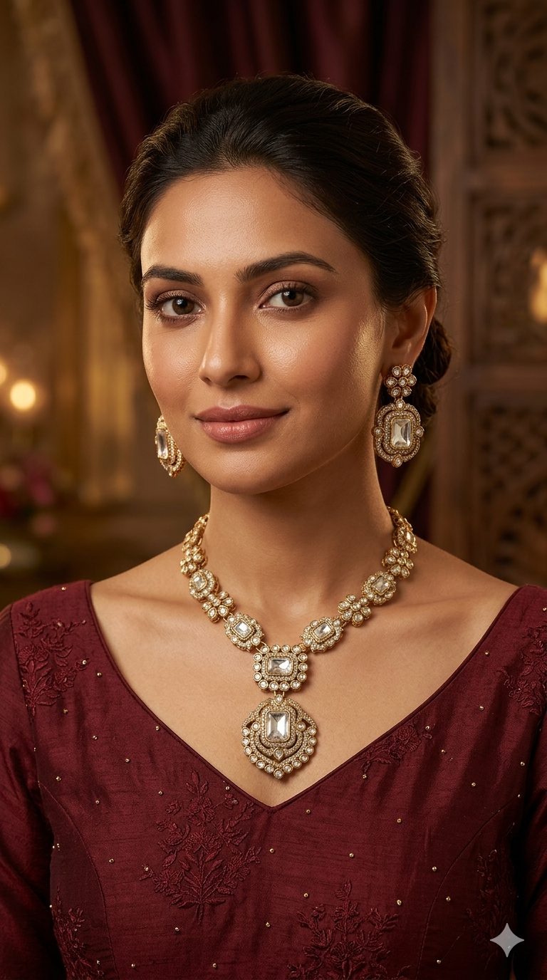 Antique Moissanite kundan necklace Indian Jewellery Hemu Wedding Sets