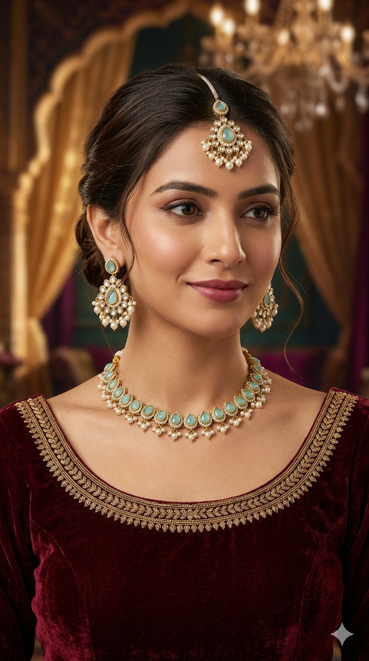 Antique Moissanite Pista kundan necklace Indian Jewellery Semu Wedding Set