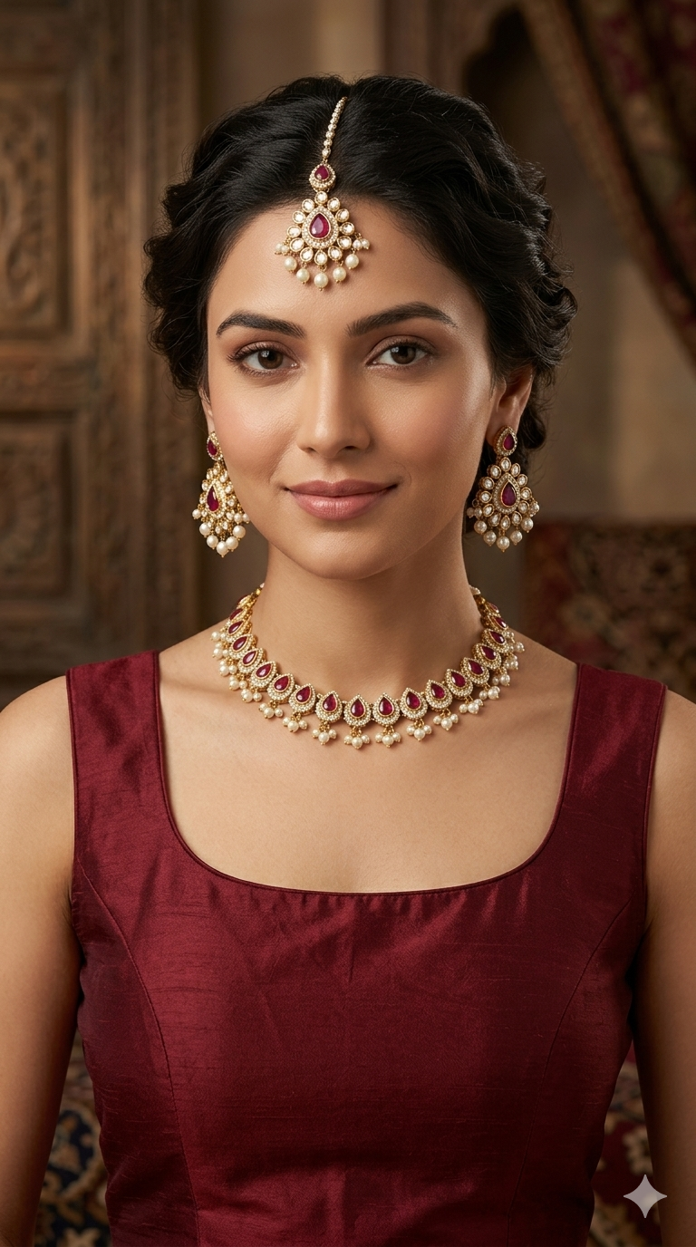 Antique Moissanite Maroon kundan necklace Indian Jewellery Semu Wedding Sets