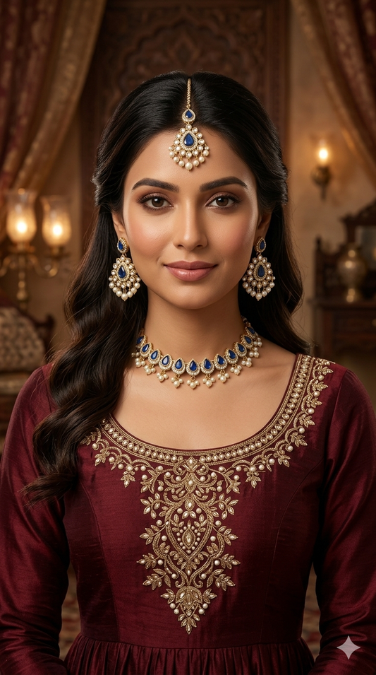 Antique Moissanite Blue kundan necklace Indian Jewellery Semu Wedding Sets