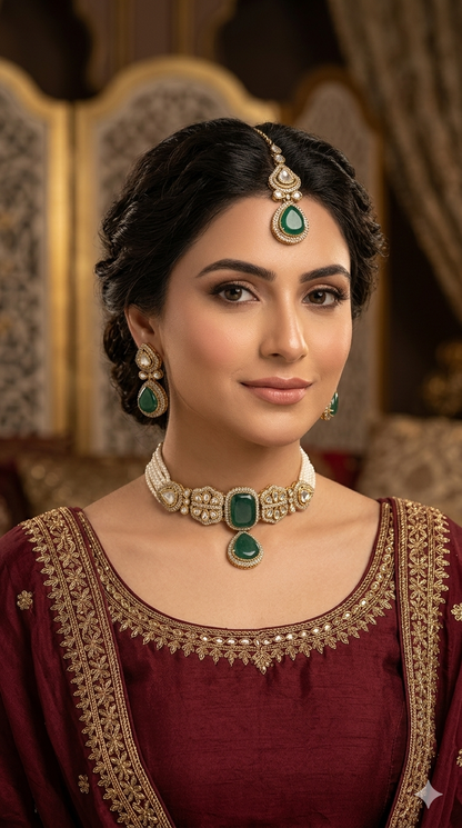 Antique Green Moissanite kundan choker Indian Jewellery Letin Wedding Set