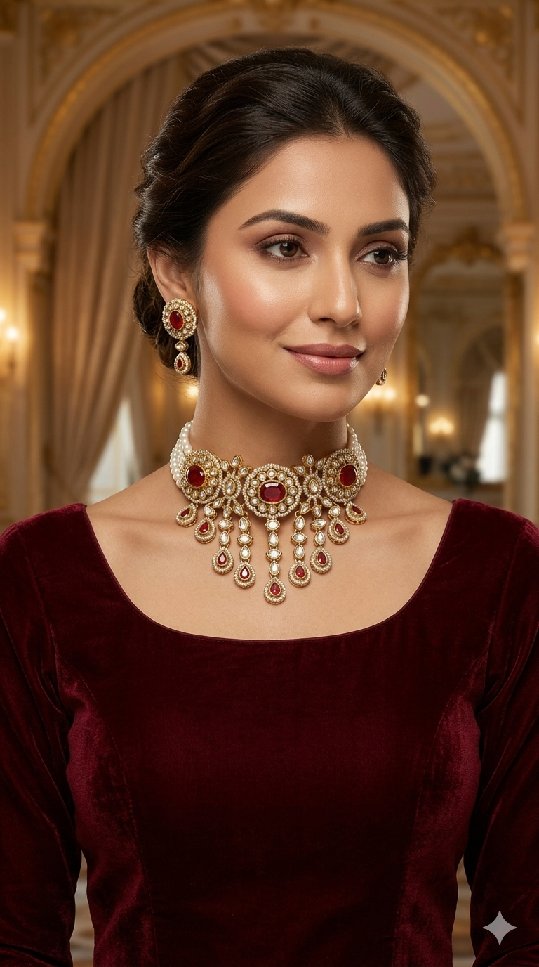 Antique Maroon Moissanite kundan choker Indian Jewellery Soza Wedding Set