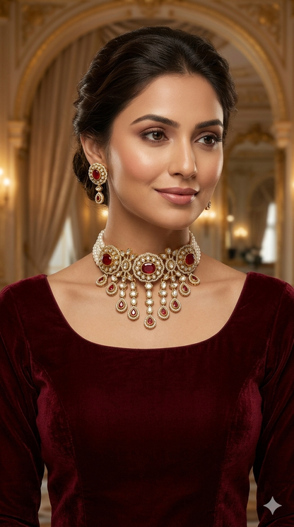 Antique Maroon Moissanite kundan choker Indian Jewellery Soza Wedding Set