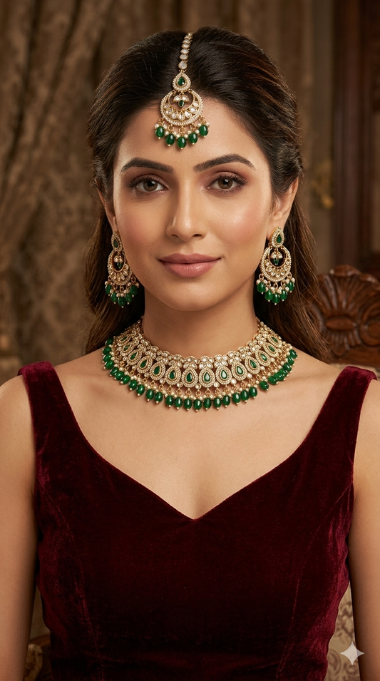 Antique Moissanite Green kundan necklace Indian Jewellery Minno Wedding Sets