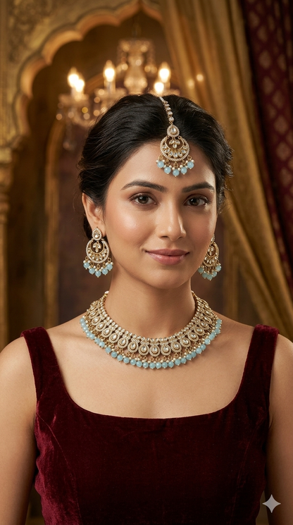 Antique Moissanite sky blue kundan necklace Indian Jewellery Mou Wedding Sets
