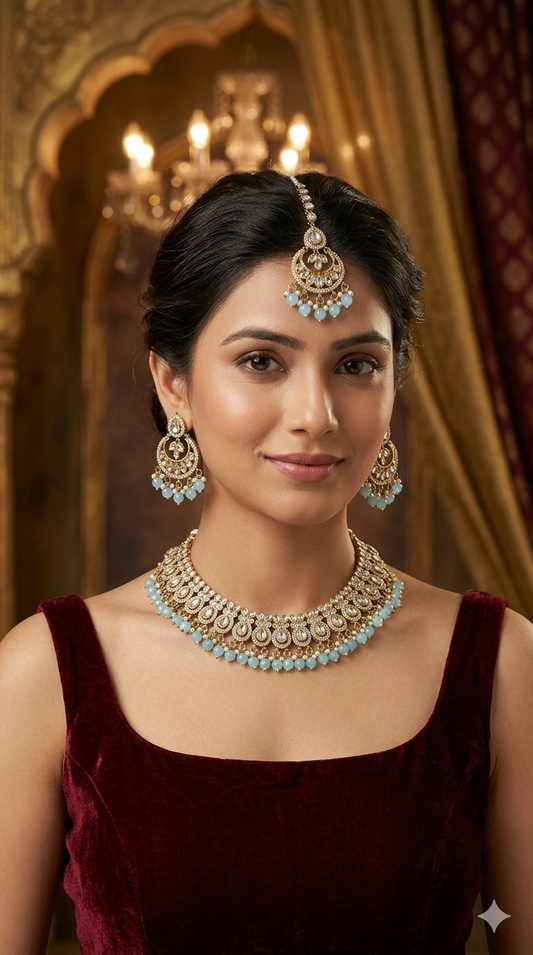 Antique Moissanite sky blue kundan necklace Indian Jewellery Mou Wedding Sets