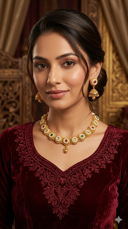 Gold Polki Ruby Green Necklace Jewellery Mansi Set