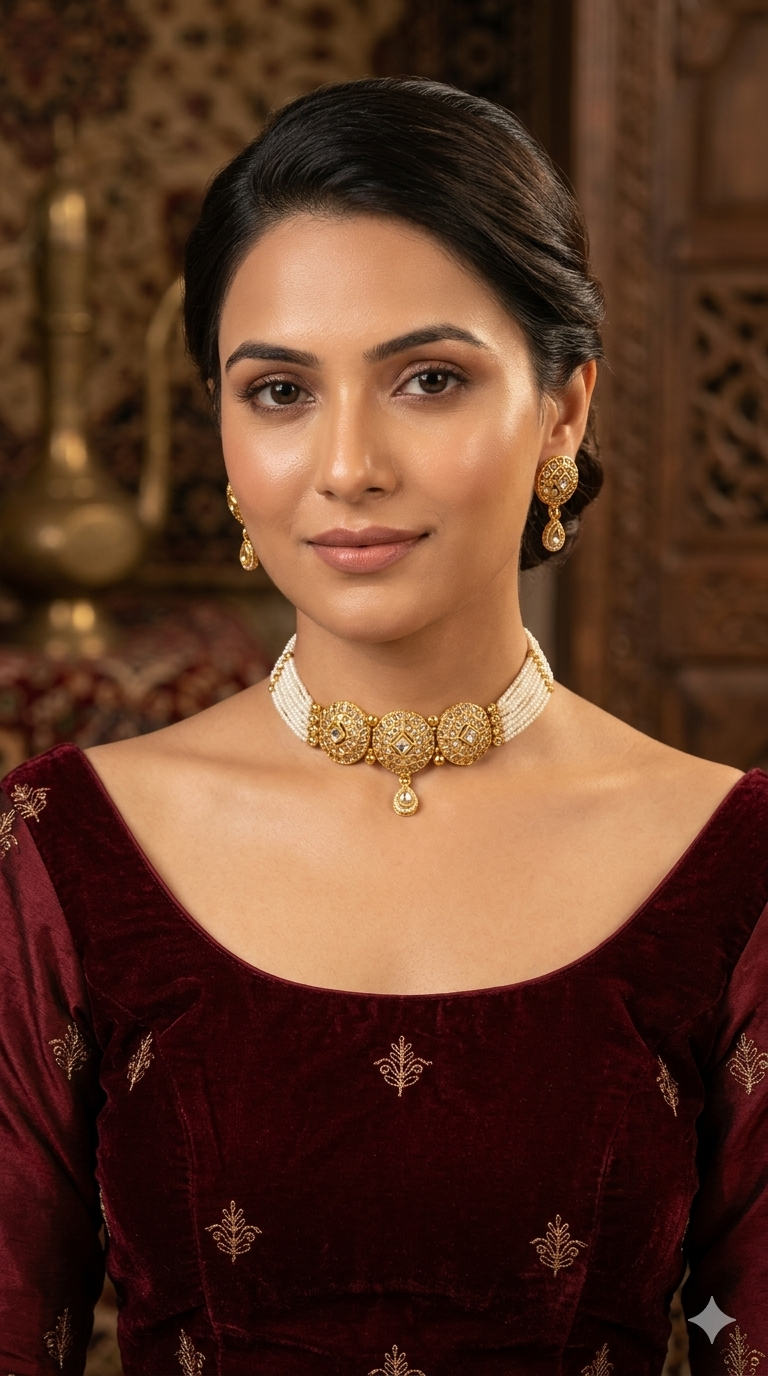 Gold Polki Choker Indian Jewellery Bini Set