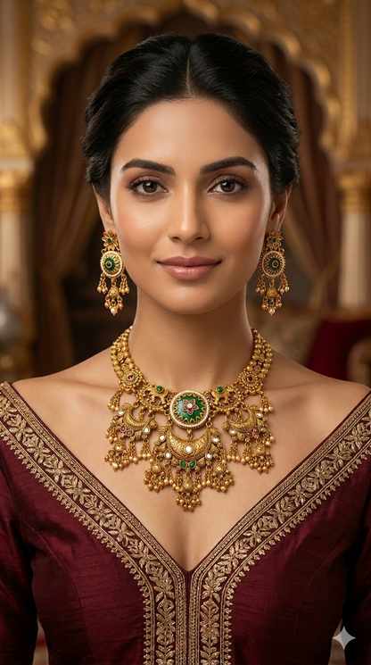 Gold Polki Ruby Sage Green Necklace Jewellery Mehram Set