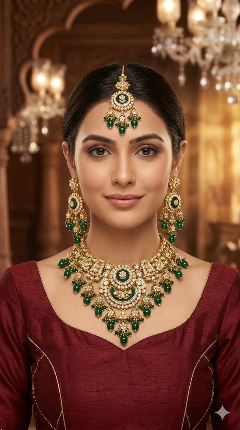 Green Kundan necklace Set/ kundan Indian jewellery kundan Ravina sets