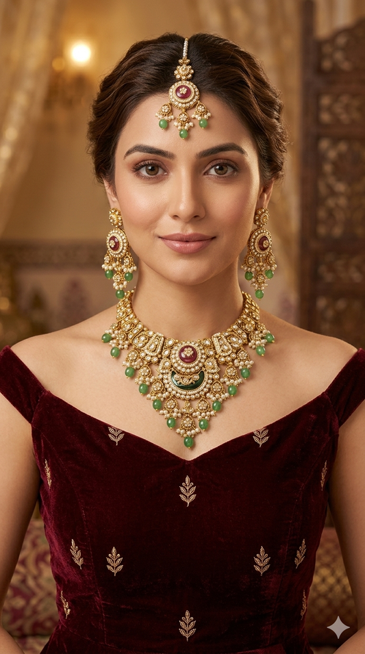 Ruby Sage Green Kundan necklace Set/ kundan Indian jewellery kundan Ravina sets