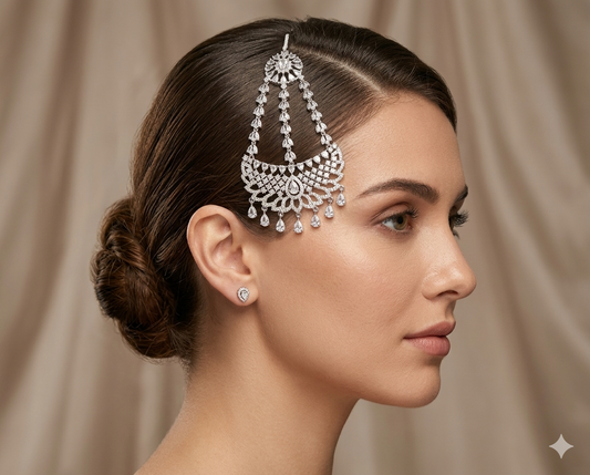Silver American Diamond Passa Jhumar Jhoomer Hanu Headpiece