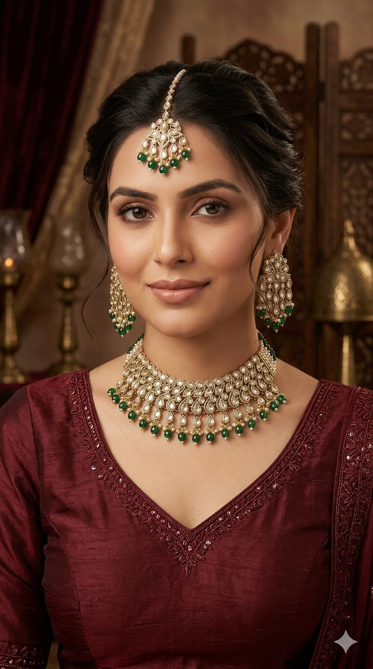 Antique Gold Green Necklace Indian Jewelry Anjali Set
