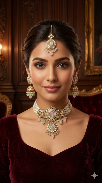 Mint Pink Kundan Choker Jewellery Firoh Set