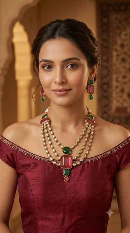 Antique Gold Ruby Green Necklace Set/ Antique gold Indian Raman Jewellery
