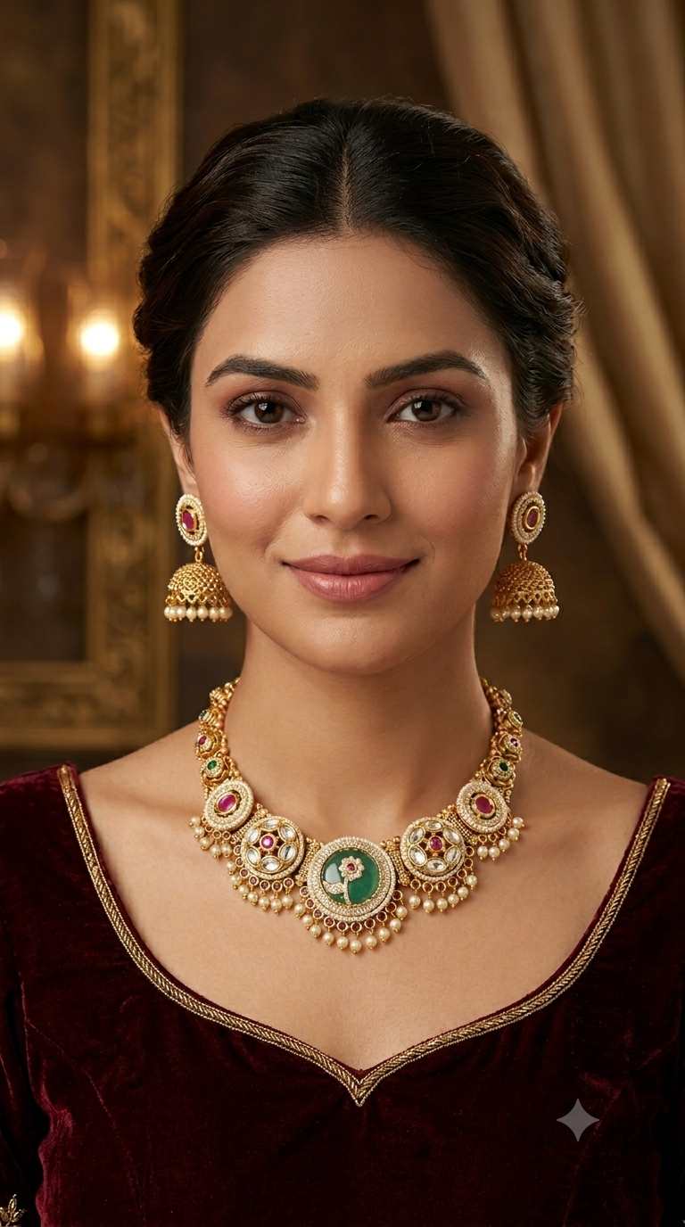 Gold Ruby Sage Green Polki Kundan Necklace Indian Jewellery Reeta Set