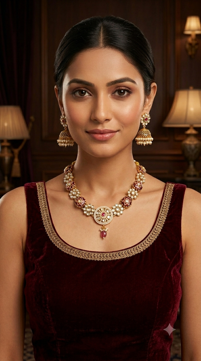 Gold Ruby Green Polki Kundan Necklace Indian Jewellery Reeta Set