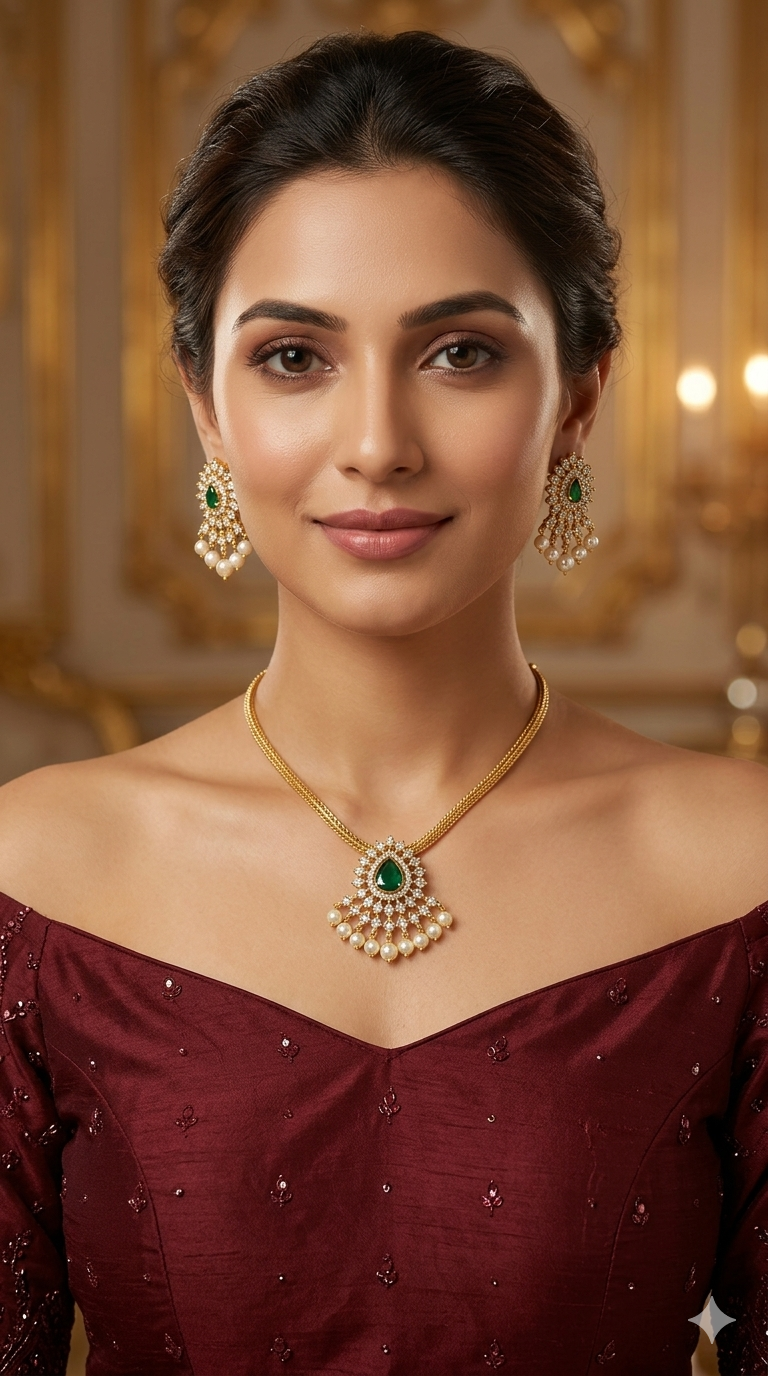 Gold Ruby CZ Necklace indian Jewellery Maron Set