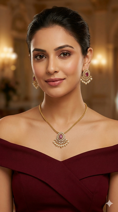 Gold Green CZ Necklace indian Jewellery Maron Set