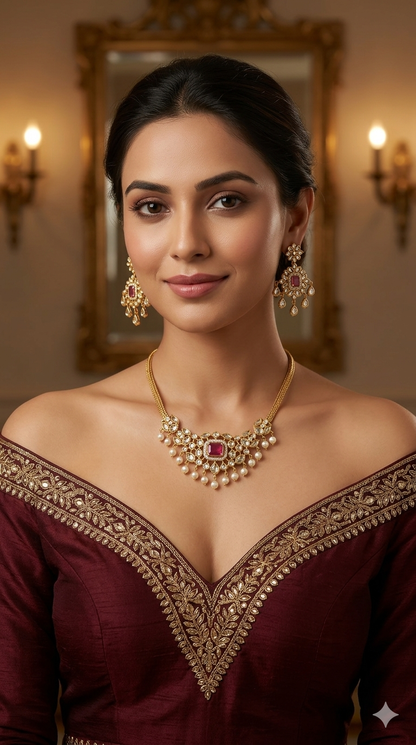Gold Ruby CZ Necklace indian Jewellery Maron Set