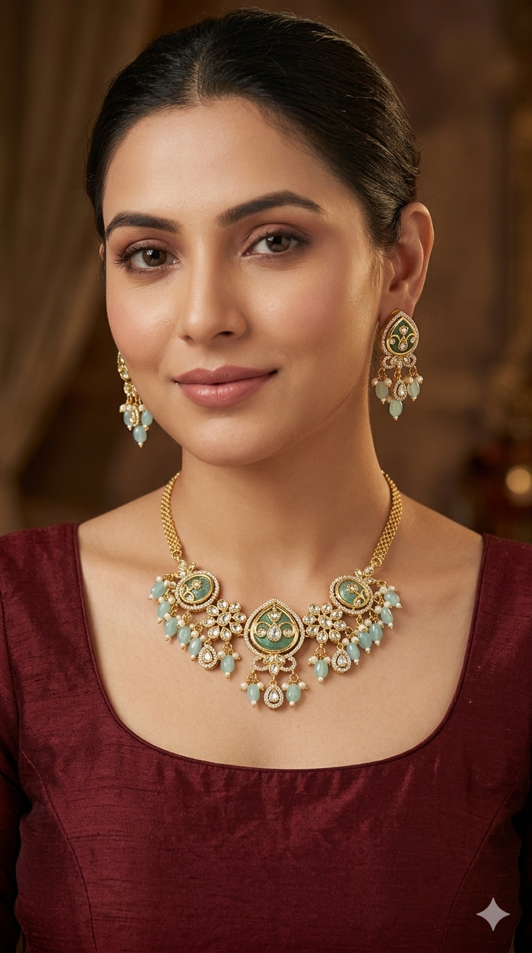 Gold Sage Green American Diamond Necklace indian Jewellery Disny Set