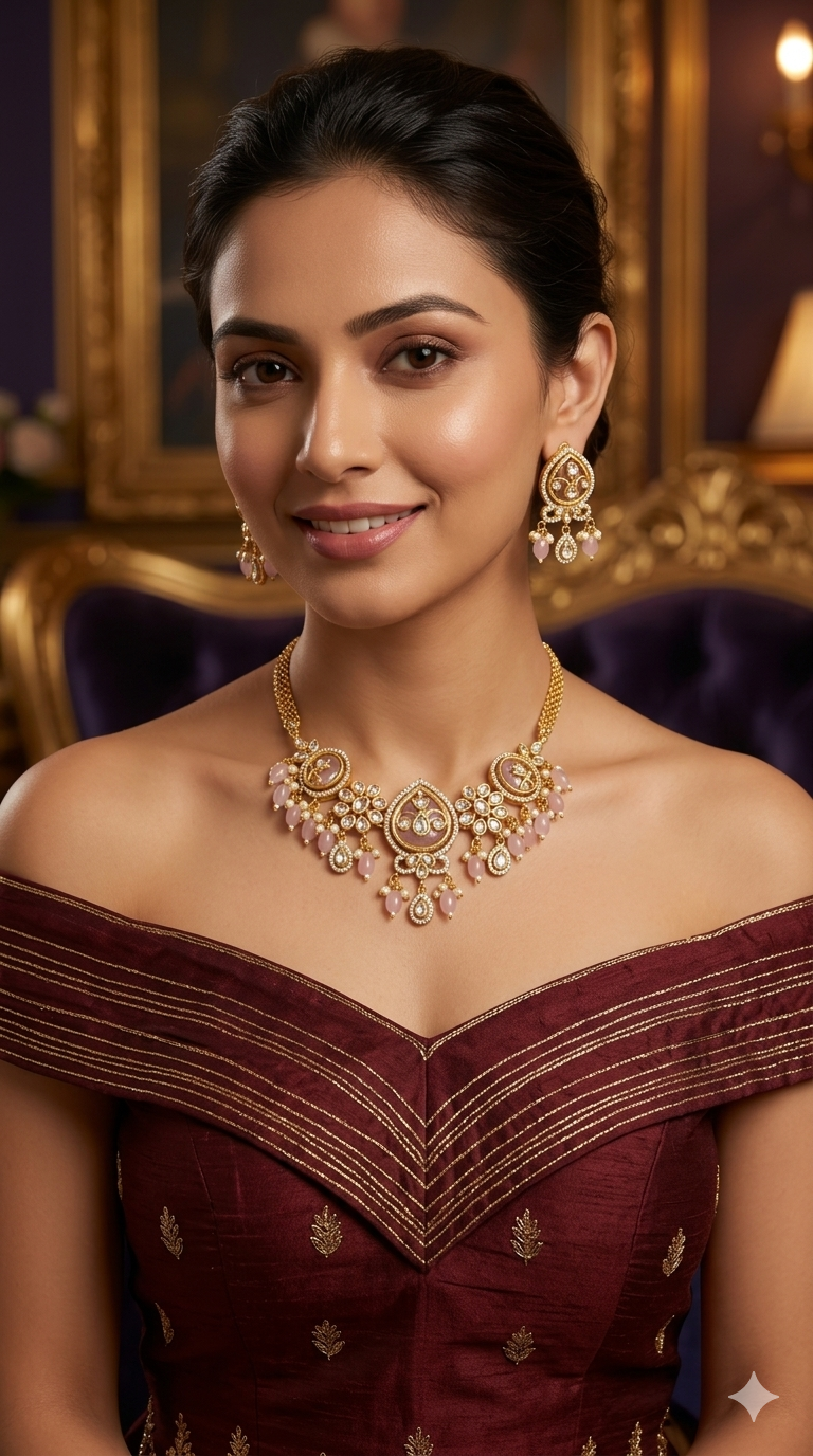 Gold Pink American Diamond Necklace indian Jewellery Disny Set