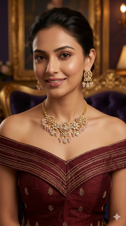 Gold Pink American Diamond Necklace indian Jewellery Disny Set