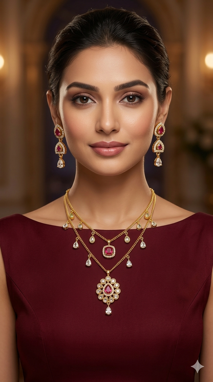 Gold Ruby American Diamond Necklace indian Jewellery Disny Set