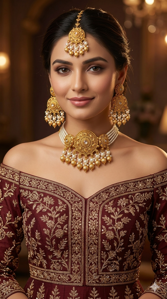 Gold White polki choker set/ Gold choker Lipi set