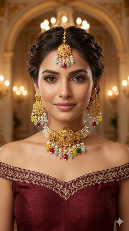 Gold Multi Color polki choker set/ Gold choker Lipi set