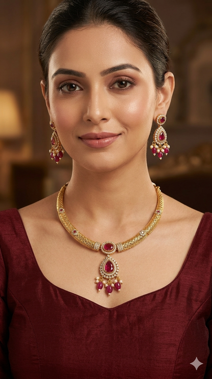 Gold Ruby CZ Necklace indian Jewellery Simi Set