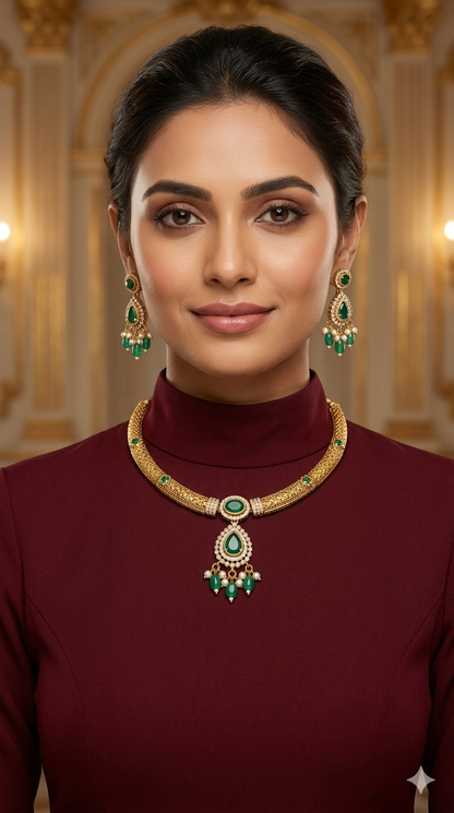 Gold Green CZ Necklace indian Jewellery Simi Set