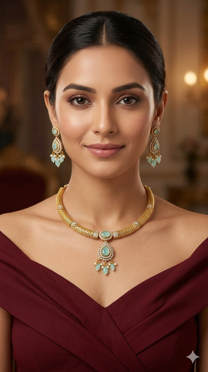 Gold Mint CZ Necklace indian Jewellery Simi Set