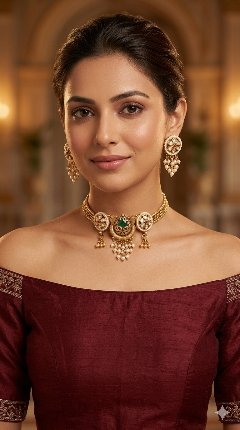 Gold Polki Ruby Green Choker Indian Jewellery Yuka Sets