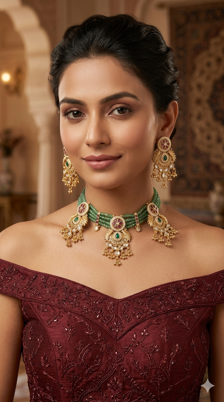 Gold Polki Ruby Sage Green Choker Indian Jewellery Yuka Sets