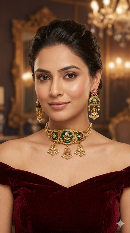 Gold Polki Ruby Green Choker Indian Jewellery Yuka Sets