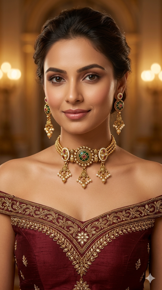 Gold Polki Ruby Green Choker Indian Jewellery Yuka Sets