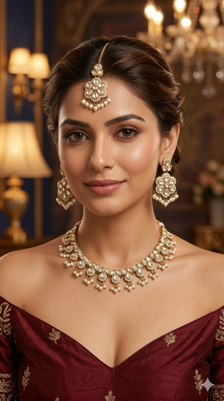 Gold Moissanite Kundan Necklace Indian Jewellery Manddy Set