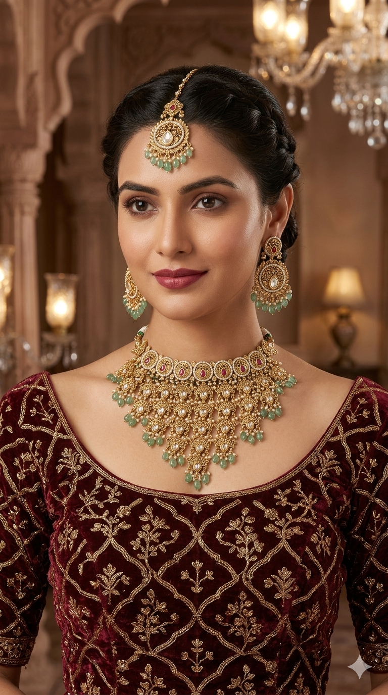 Gold Polki Ruby Sage Green Choker Jewellery Akash Set