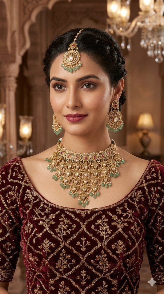 Gold Polki Ruby Sage Green Choker Jewellery Akash Set